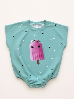 4/$20 / Small Shop Tiffany Blue Baby Romper with Pink Popsicle Graphic